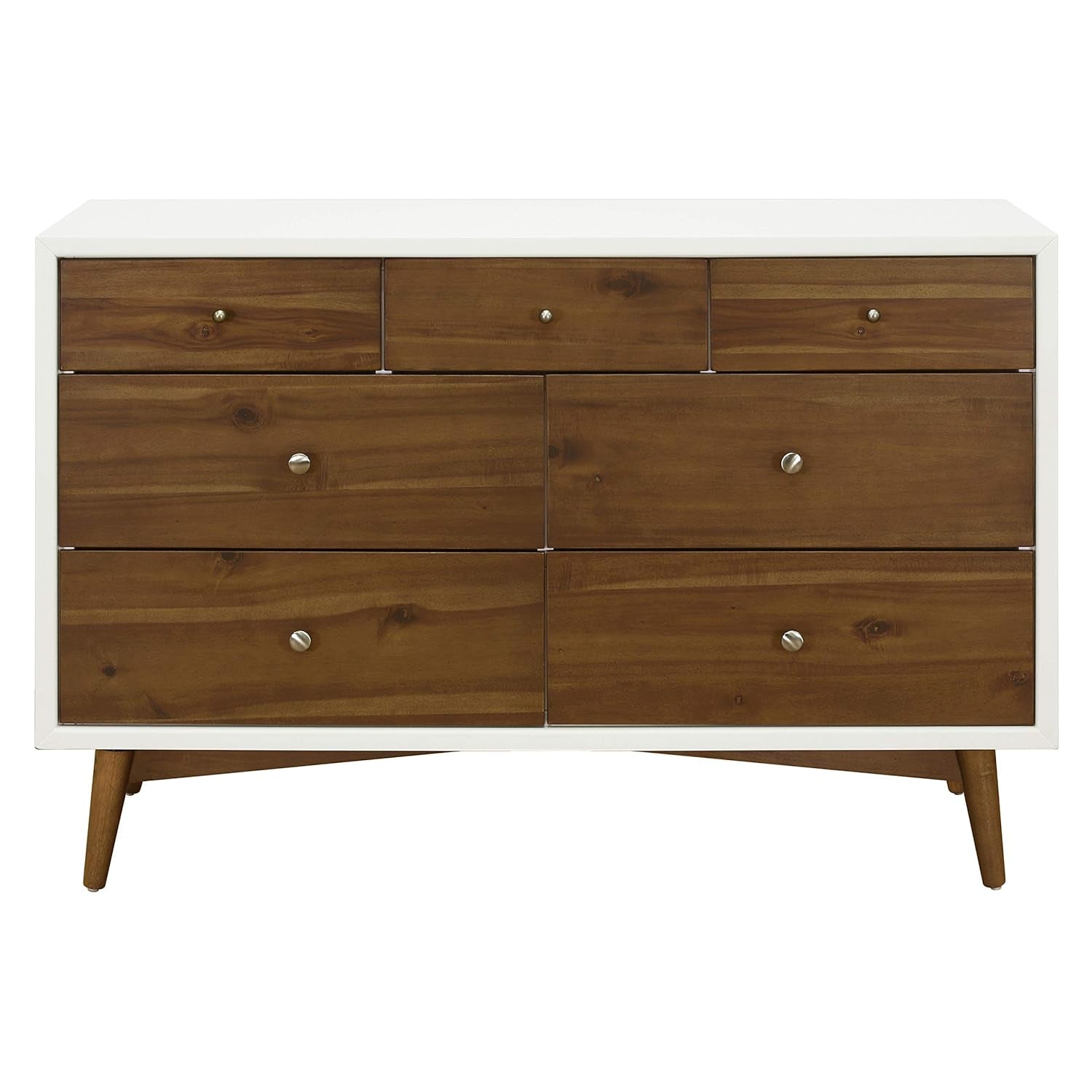 Babyletto Palma 7-Drawer Assembled Double Dresser in White and Natural Walnut, Greenguard Gold Certified, 19"D X 53"W X 34.25"H