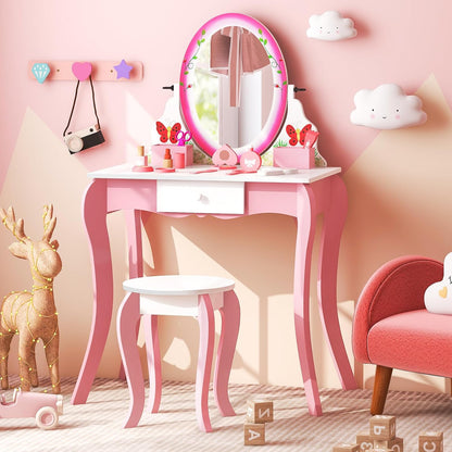 Costzon Kids Vanity, Girls Vanity Set with Mirror and Stool, Drawer, Storage Grids, 2 in 1 Toddler Makeup Dressing Table Vanity Desk, Pretend Play Vanity Table and Chair Set for Little Girls