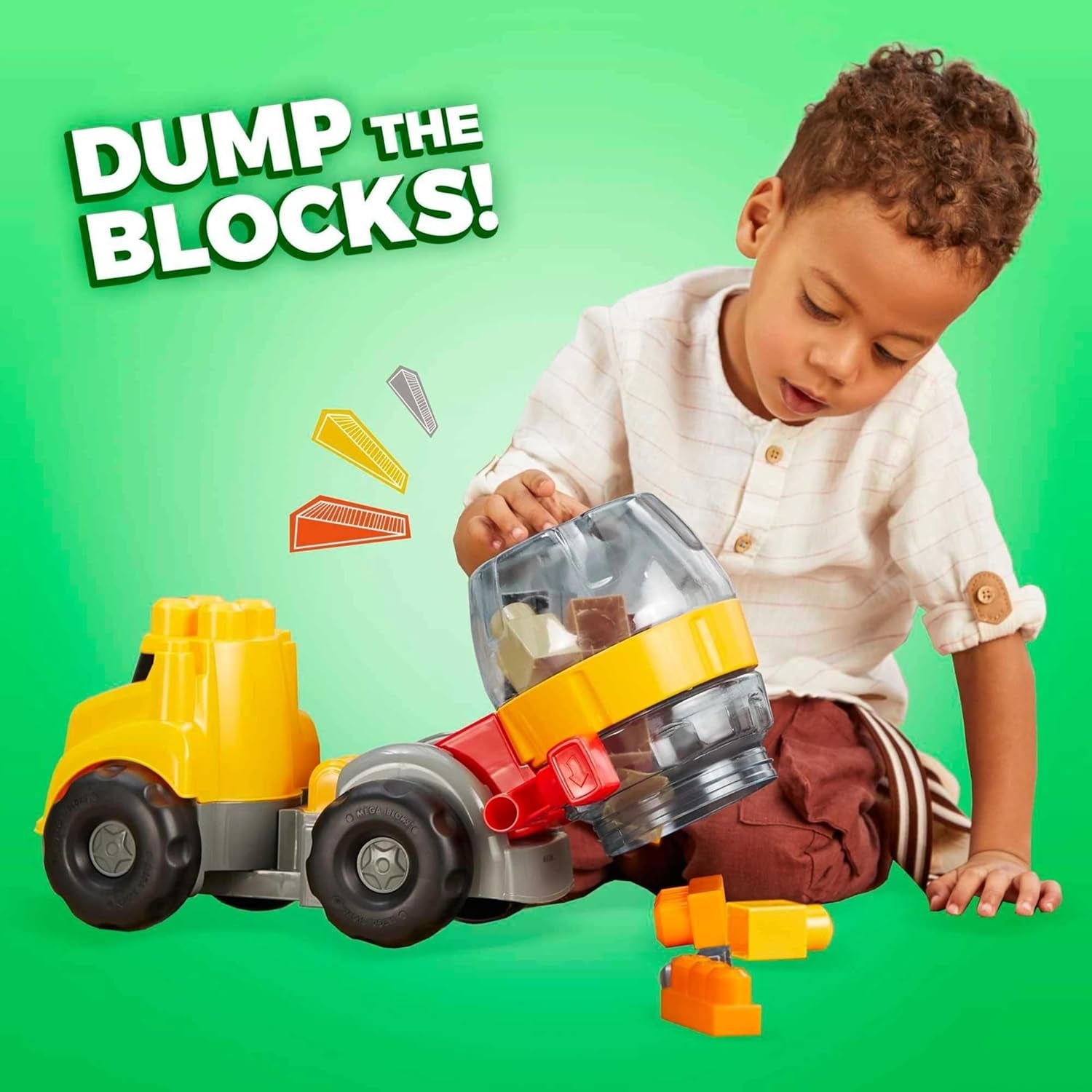 Mega BLOKS Cat Toddler Blocks Building Toy Set, Cement Mixer Truck with 9 Pieces and Storage, Yellow, Ages 1+ Years