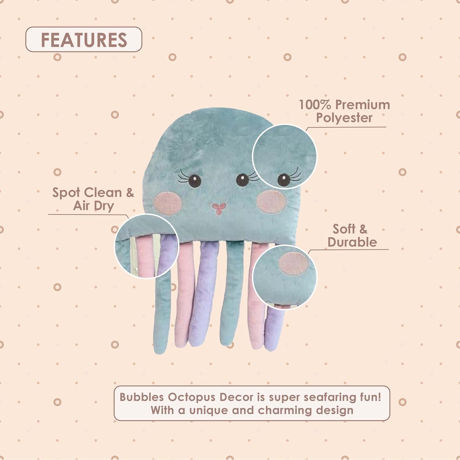 MON AMI Bubbles Octopus Accent Décor Pillow – 20X13”, Plush Stuffed Animal Hugging Pillow, Use as Toy or Room Decor, Great Gift for Kids of All Ages