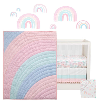 Lambs & Ivy Watercolor Pastel Pink/Mint Rainbow 5-Piece Baby Crib Bedding Set