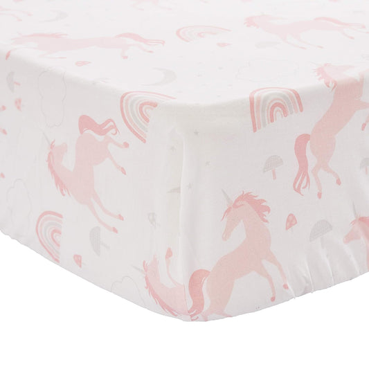 Levtex Baby - Colette Unicorn Crib Fitted Sheet - Fits Standard Crib and Toddler Mattress - Tossed Unicorns, Rainbows, Mushrooms - Pink and Grey - Nursery Accessories - 100% Cotton