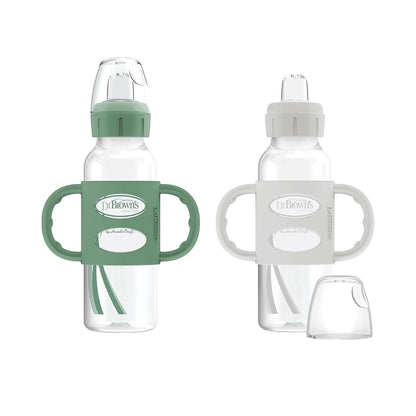 Dr. Brown'S Milestones Narrow Sippy Spout Bottle with 100% Silicone Handles, Easy-Grip Handles with Soft Sippy Spout, 8Oz/250Ml, Green & Gray, 2-Pack, 6M+