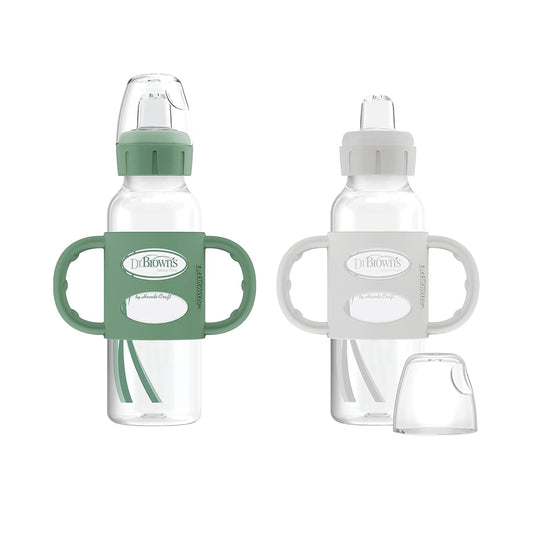 Dr. Brown'S Milestones Narrow Sippy Spout Bottle with 100% Silicone Handles, Easy-Grip Handles with Soft Sippy Spout, 8Oz/250Ml, Green & Gray, 2-Pack, 6M+