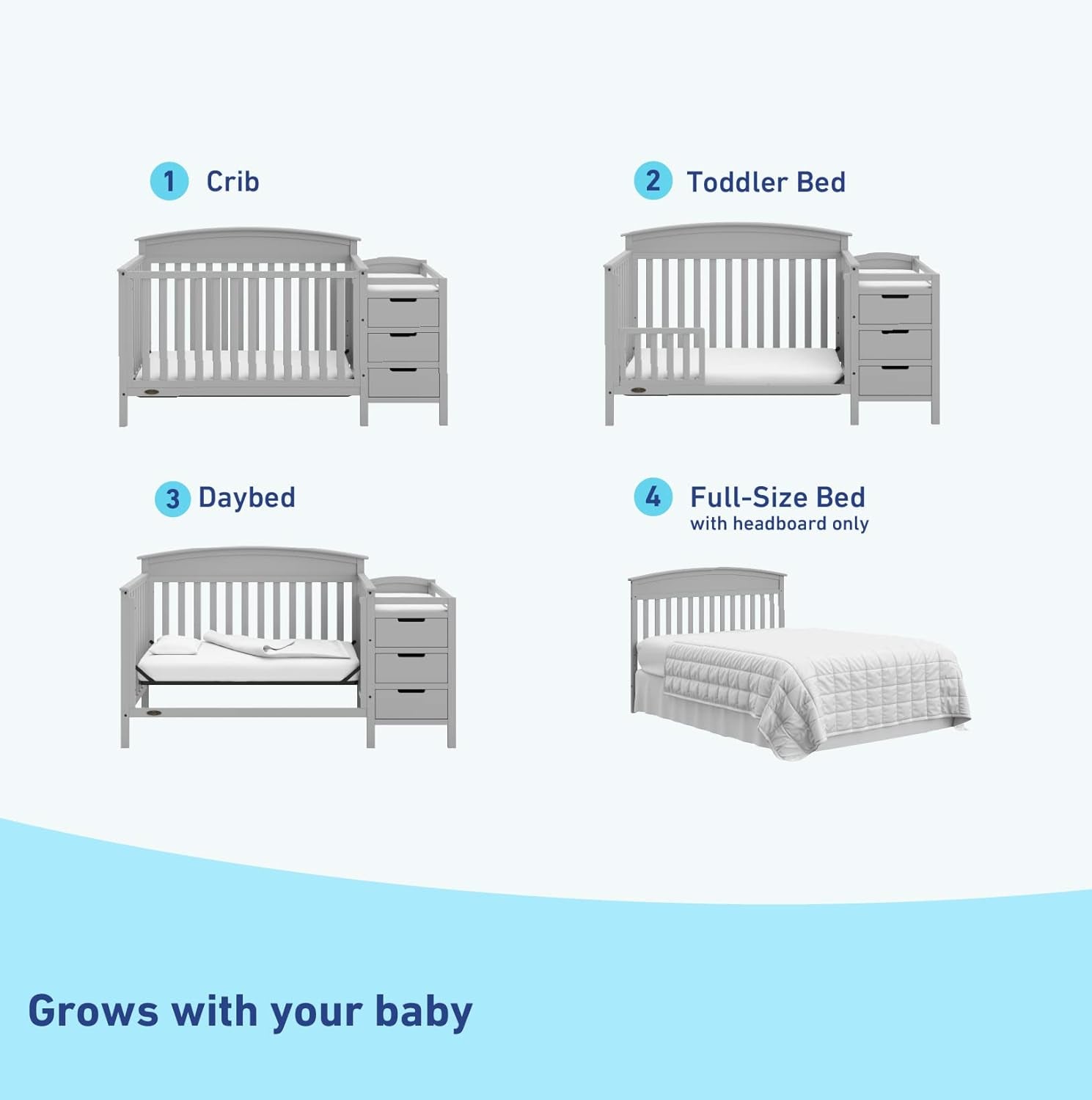 Graco Benton 5-In-1 Convertible Crib and Changer (Pebble Gray) – Crib and Changing Table Combo, Includes Water-Resistant Changing Pad, 3 Drawers, Converts to Toddler Bed, Daybed and Full-Size Bed