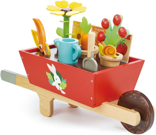 Tender Leaf Toys - Garden Wheelbarrow Set - Deluxe Garden Pretend Play Wooden Toy Set for Gardening - Educational, Creative and Imaginative Fun in Garden for Children 3+