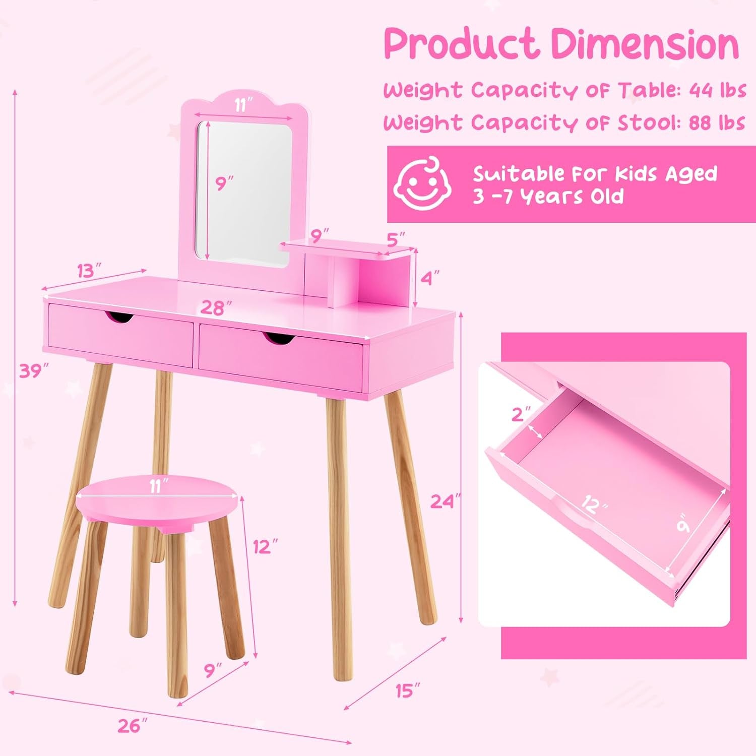 Costzon Kids Vanity Set, Girls Vanity Set with Mirror and Stool, 2 Large Drawers, Storage Shelf, Wooden Princess Makeup Dressing Table, Pretend Play Vanity Table and Chair Set for Toddlers (Pink)