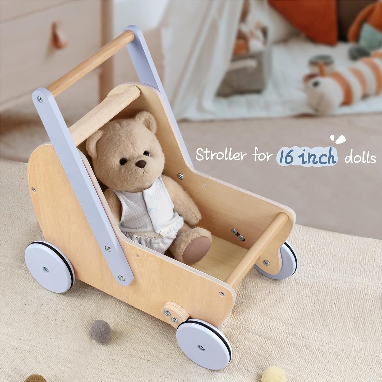 Wooden Baby Doll Pram Stroller,Wooden Baby Walker Push and Pull Doll Stroller,Baby Wooden Toy Stroller for Toddler Boys Girls 18 Months and Up