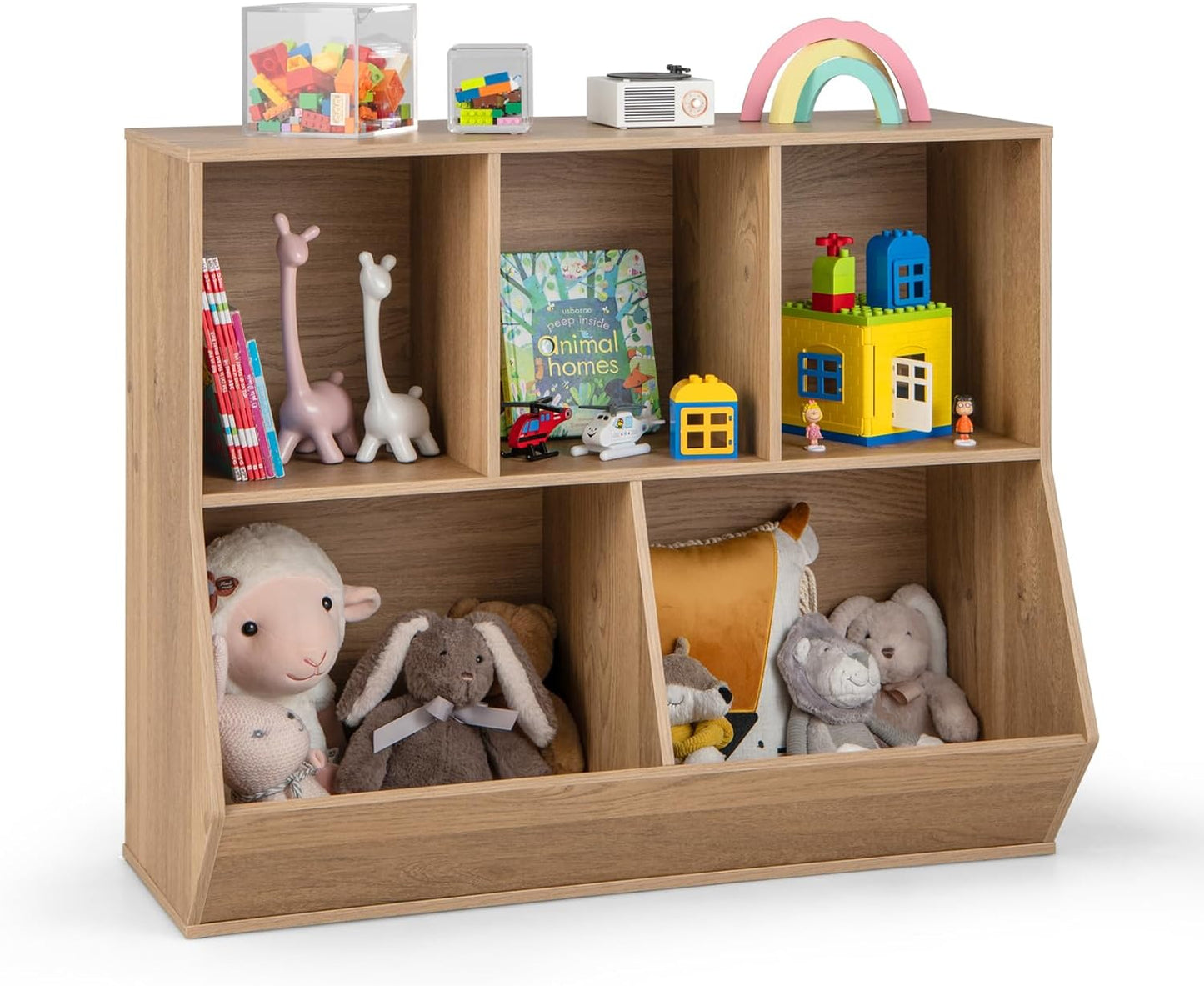 Costzon Toy Organizers and Storage with Bookshelf, Wooden 5 Cubby Children’S Book Shelf Toy Storage Cabinet Bookcase for Kids Room, Playroom, Kindergarten, Nursery (Natural)