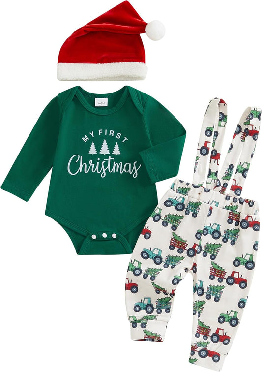 Beqeuewll Christmas Newborn Baby Boy 3PCS Clothes Set Infant Long Sleeve Romper Cute Pattern Suspender Pants Overalls Outfits