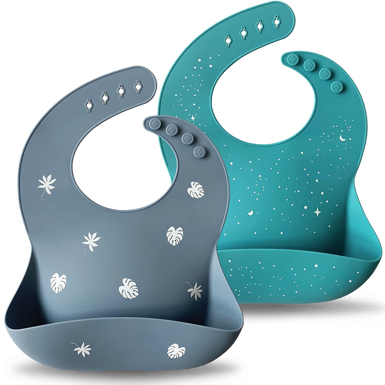 Moonkie Silicone Baby Bibs Set of 2 | BPA Free Waterproof | Soft Durable Adjustable Silicone Bibs for Babies & Toddlers(Tradewinds/Sage)