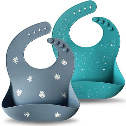 Moonkie Silicone Baby Bibs Set of 2 | BPA Free Waterproof | Soft Durable Adjustable Silicone Bibs for Babies & Toddlers(Tradewinds/Sage)