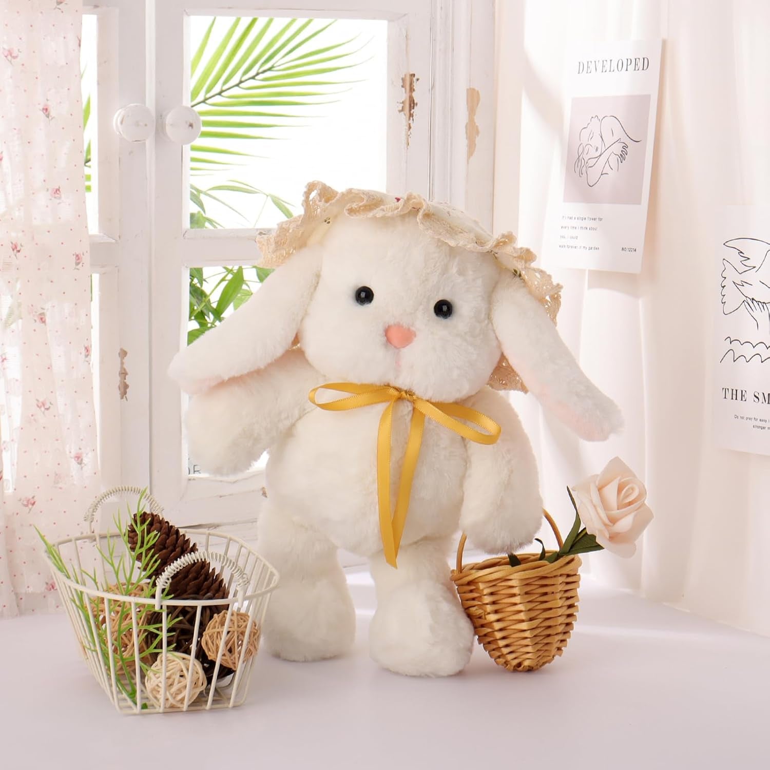 Apricot Lamb Picnic Lop-Eared Rabbit Plush Stuffed Animals for Kids, Soft Cute Rabbit Plush Toys for Baby Girl and Boy, Fluffy Picnic Lop-Eared Rabbit White 8.3 Inches