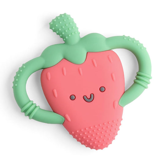 Itzy Ritzy Strawberry-Shaped Baby Teether with Handles; Silicone Teether for Babies with Easy-Grab Handles and Textured, Teethable Surfaces - Baby Teething Toy for 3 Months & up (Strawberry)