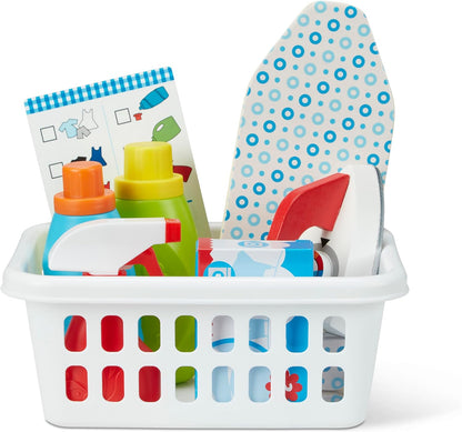 Melissa & Doug Laundry Basket Pretend Play Set with Wooden Iron, Ironing Board, and Accessories (14 Pcs) for Kids