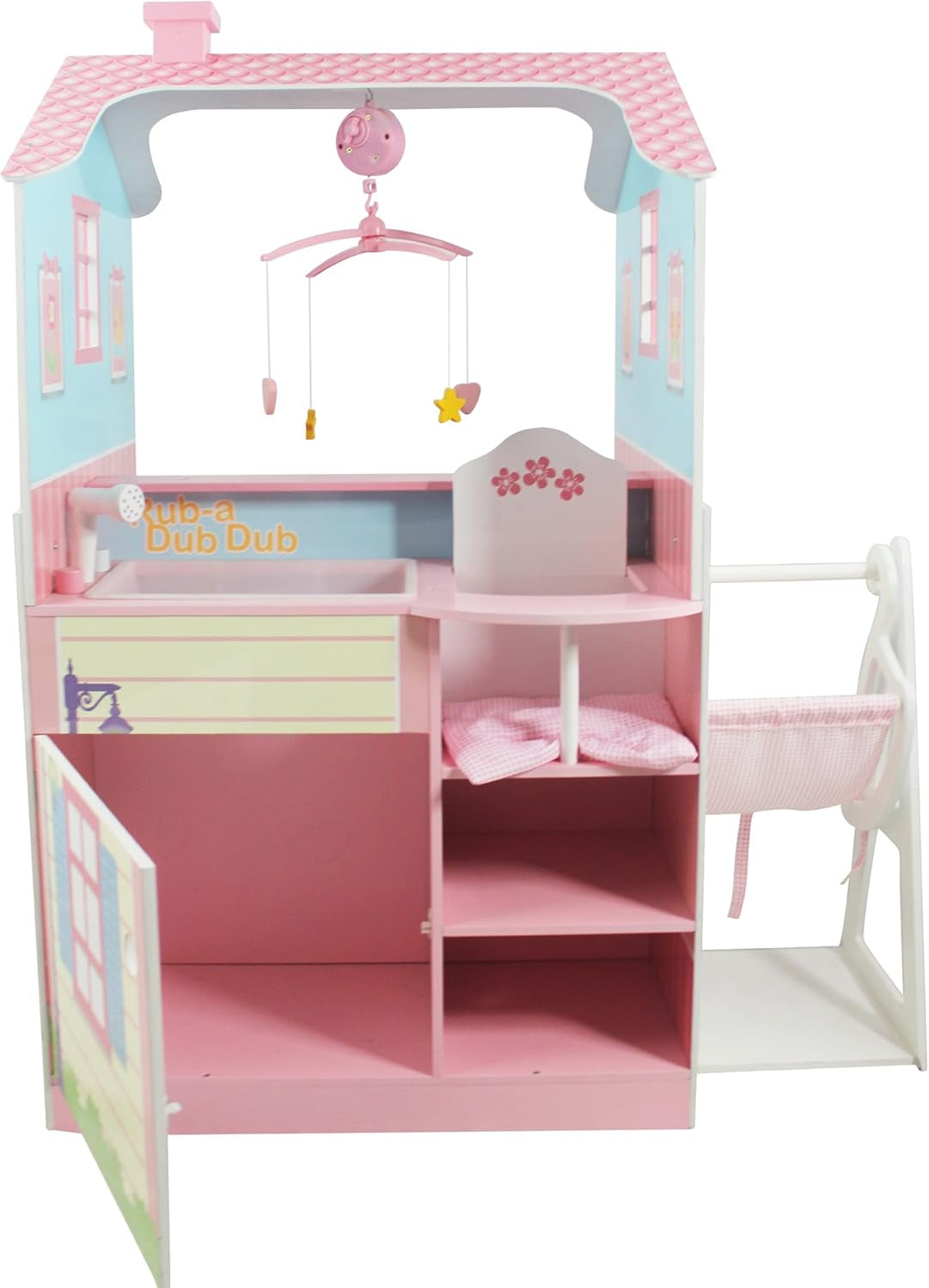 Olivia'S Little World - All in One 16-18 Inch Baby Doll Wooden Nursery Center - Double Sided Dollhouse for Baby Dolls with Swings - Multi- Functional Changing Station - Pink & Blue