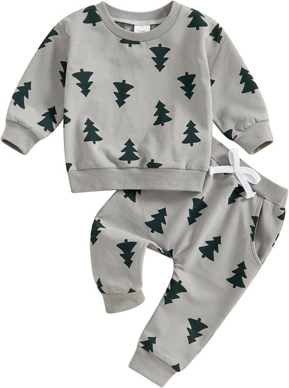 Toddler Baby Boy Girl Christmas Outfits Truck Tree Print Long Sleeve Sweatshirts Pants Fall Infant 2Pcs Clothes