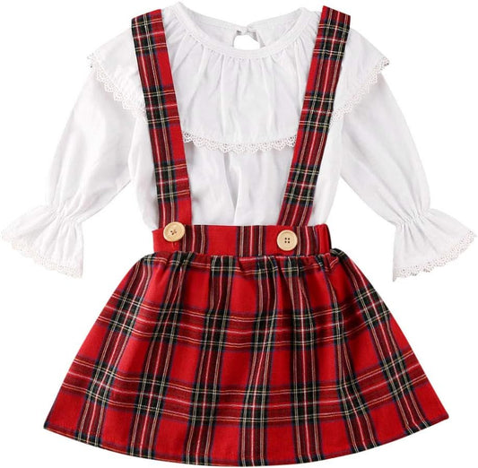 2Pcs Toddler Baby Girl Kids Clothing Set Pink Ruffle Long Sleeve Top + Plaid Suspender Skirt Dress Fall Outfits