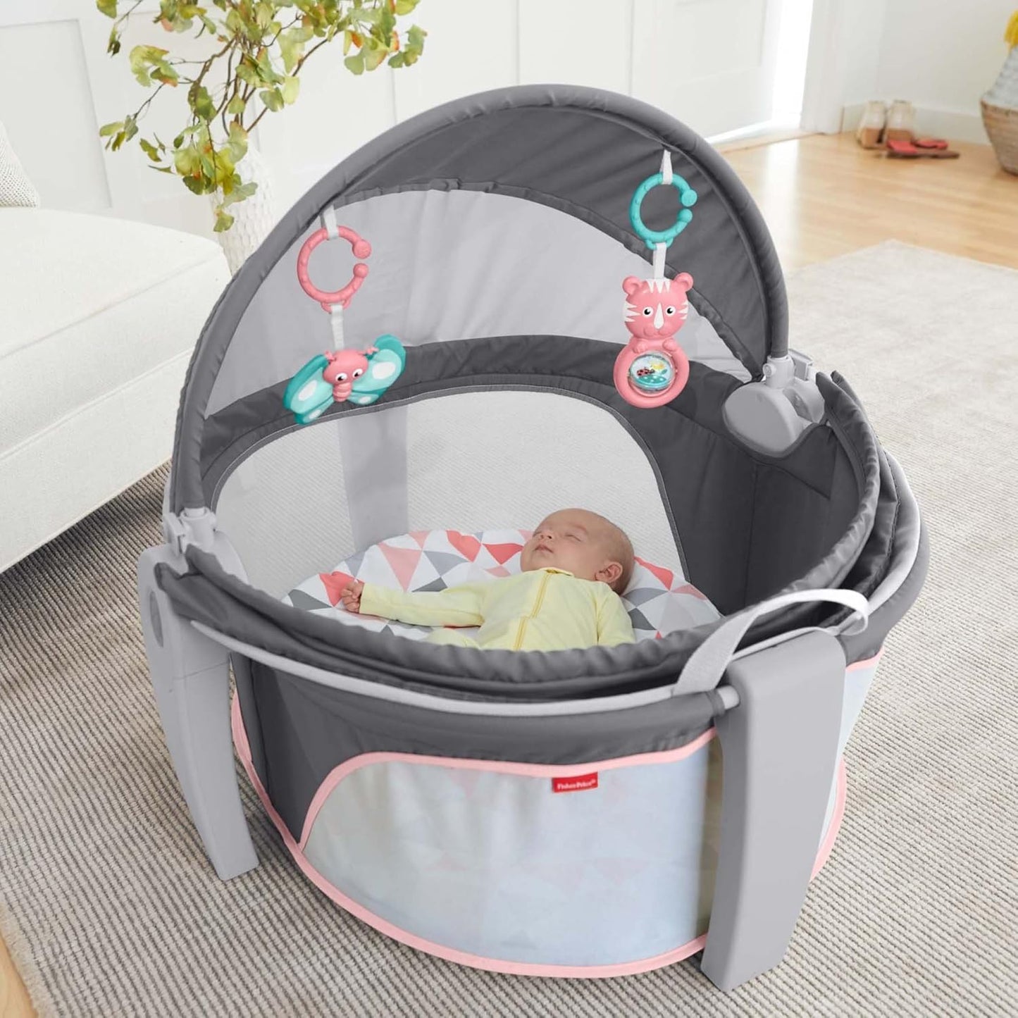 Fisher-Price Portable Bassinet On-The-Go Baby Dome, Travel Play Space with Developmental Newborn Toys & Canopy, Rosy Windmill