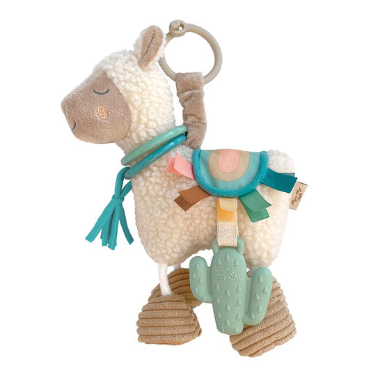 Itzy Ritzy Link & Love Toy for Stroller or Car Seat; Features Textured Ribbons, Crinkle Sounds, Clinking Rings & Silicone Teether; Designed for Ages 0 Months and up (Llama)