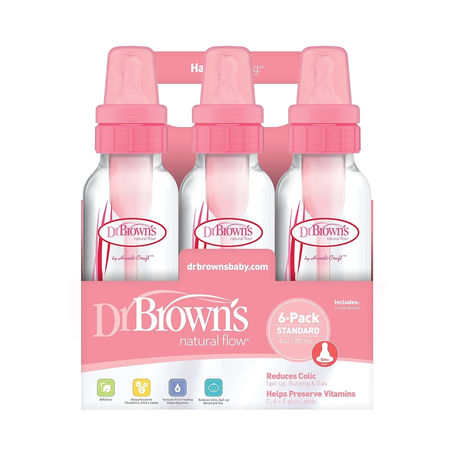 Dr. Brown'S Natural Flow Anti-Colic Baby Bottles - Pink - 8Oz - 6Pk