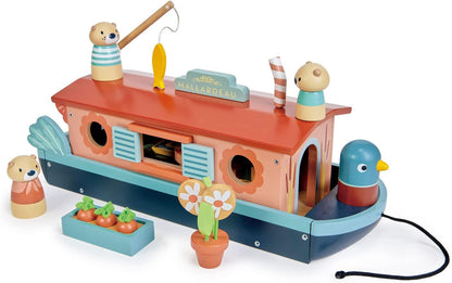 Tender Leaf Toys - Little Otter Canal Boat - 23 Pcs Furnished Wooden Boat Toy with Removeable Roof and Animal Figures - Gender-Neutral Open-Ended Play Set for Story Telling - Age 3 +