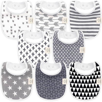 8-Pack Organic Baby Bibs for Boys, Girls - Soft Cotton Drooling and Teething Baby Bibs, Baby Girl Bibs, Baby Boy Bibs, Baby Drool Bibs for Baby Girl, Boy, Newborn Infant Bibs (Grayscale)