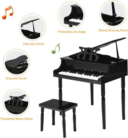 Costzon Classical Kids Piano, 30 Keys Wood Toy Grand Piano with Music Stand and Bench, Mini Musical Toy for Child, Ideal for Children'S Room, Toy Room, Best Gifts (Straight Leg, Black)