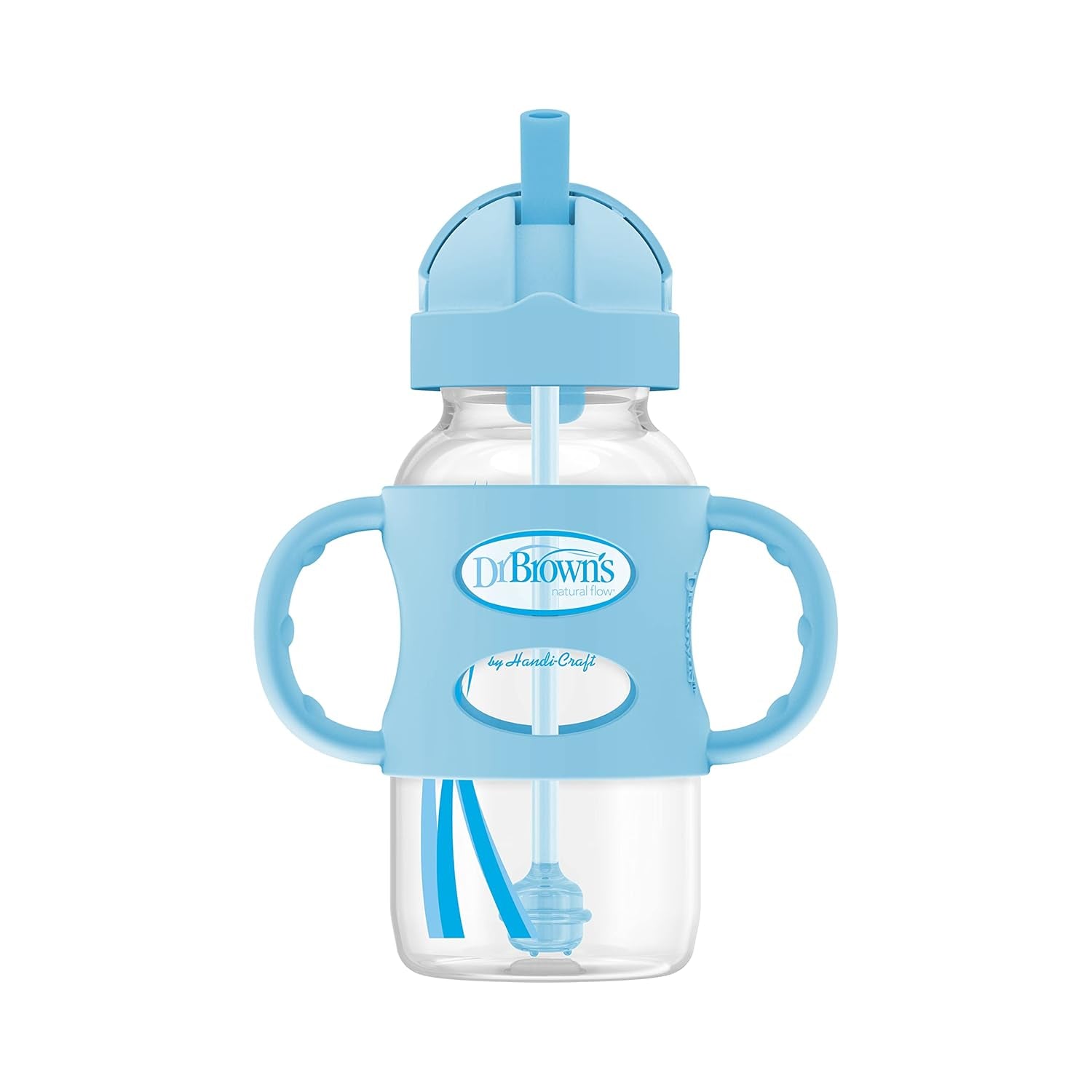 Dr. Brown'S Milestones Wide-Neck Sippy Straw Bottle with 100% Silicone Handles and Weighted Straw, 9 Oz/270 Ml, Blue, 6M+