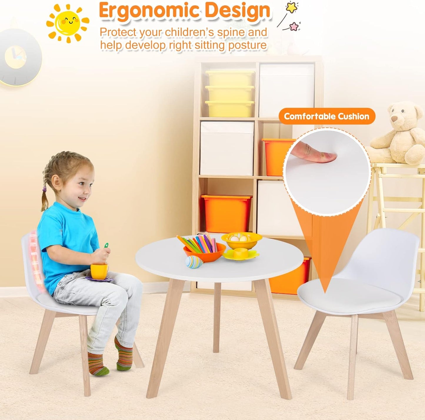 Costzon Kids Table and Chair Set, 3 Pcs Wood Activity Play Table W/Padded Seat & Wood Legs for Arts, Crafts, Reading, Preschool, Kindergarten, Playroom, Mid Century Modern Toddler