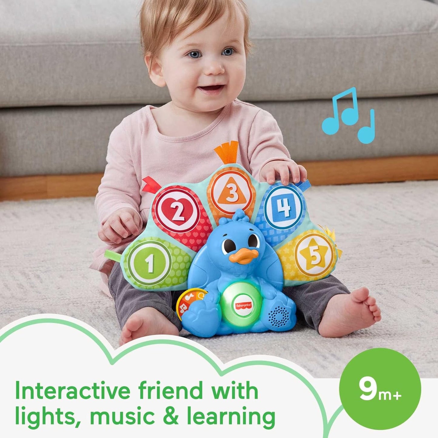 Fisher-Price Baby Learning Toy Linkimals Counting & Colors Peacock with Lights & Music for Infants Ages 9+ Months, Compatible Only with Linkimals Items