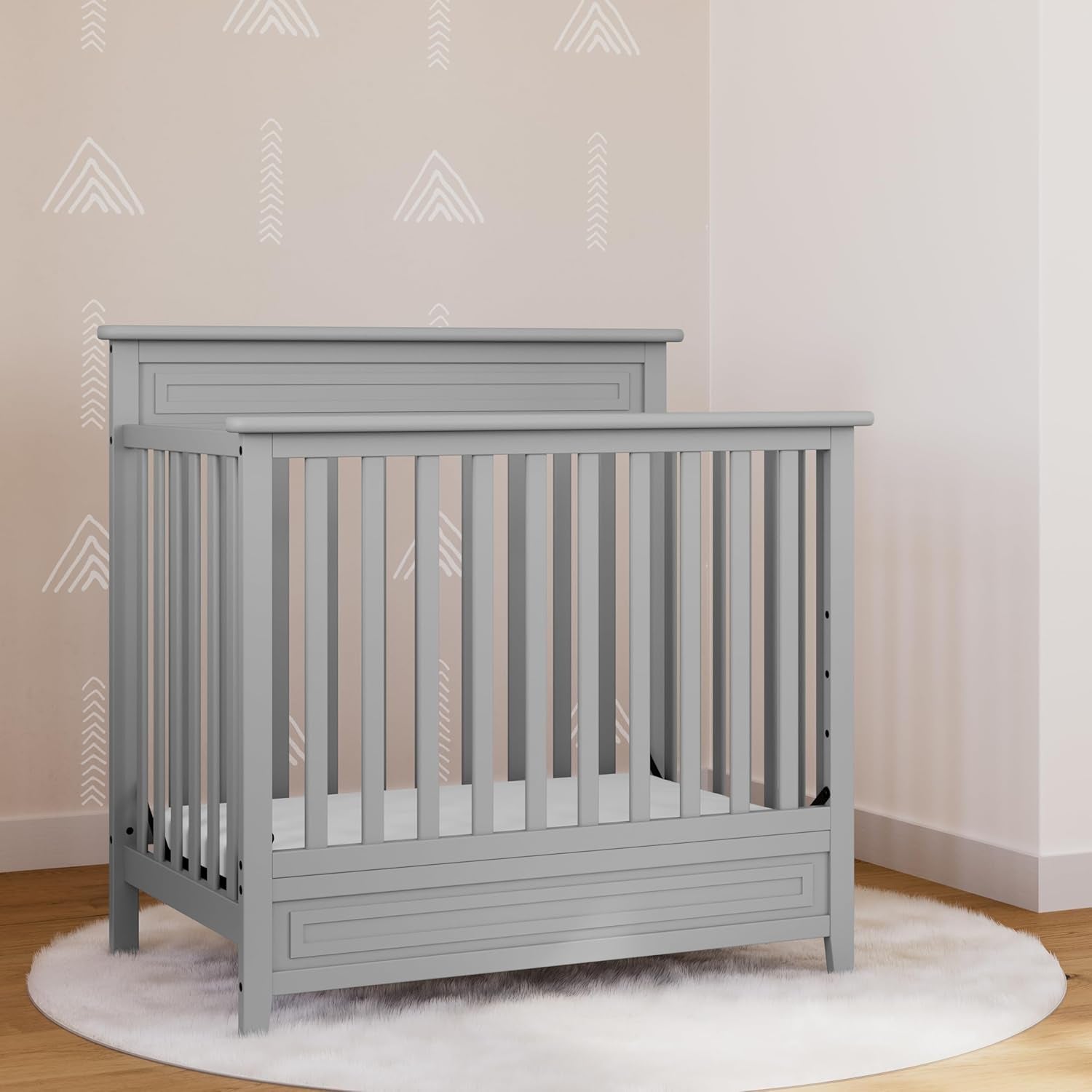 STORKCRAFT Petal 4-In-1 Convertible Mini Crib (Pebble Gray) – GREENGUARD Gold Certified, Converts to Daybed and Twin-Size Bed, Includes Bonus 2.75-Inch Mini Crib Mattress