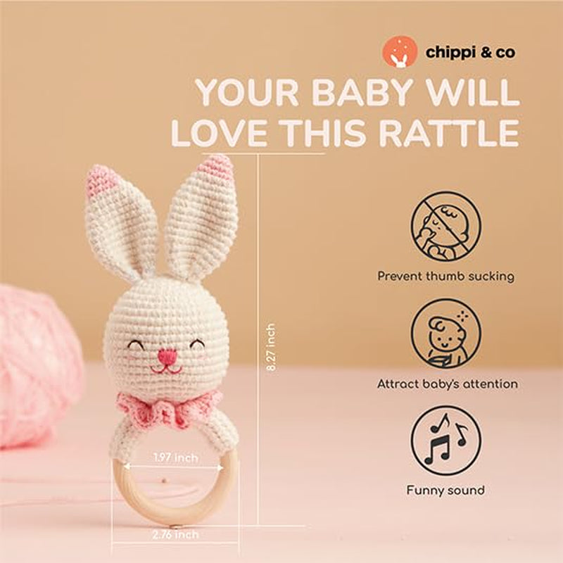 Chippi & Co Crochet Baby Rattle, Crochet Baby Toys, Stuffed Baby Doll, Organic Wooden Newborn Toys, Knitted Stuffed Animals for Babies, Christmas Gifts for Expecting Mom (Olive the Cheerful Bunny)