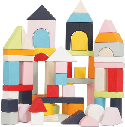 Le Toy Van - Educational Wooden Building Blocks 60 Piece Set Toy | Montessori Style Shape & Colour Development Toy - Suitable for 12 Months + (PL135)