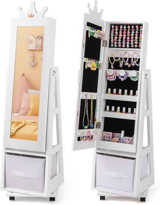 Costzon Kids Jewelry Armoire, 360° Swivel Jewelry Cabinet with Full Length Mirror, Lockable Wheels, Kids Vanity Dress up Mirror with Jewelry Storage, 48” Standing Jewelry Organizer for Girls (White)