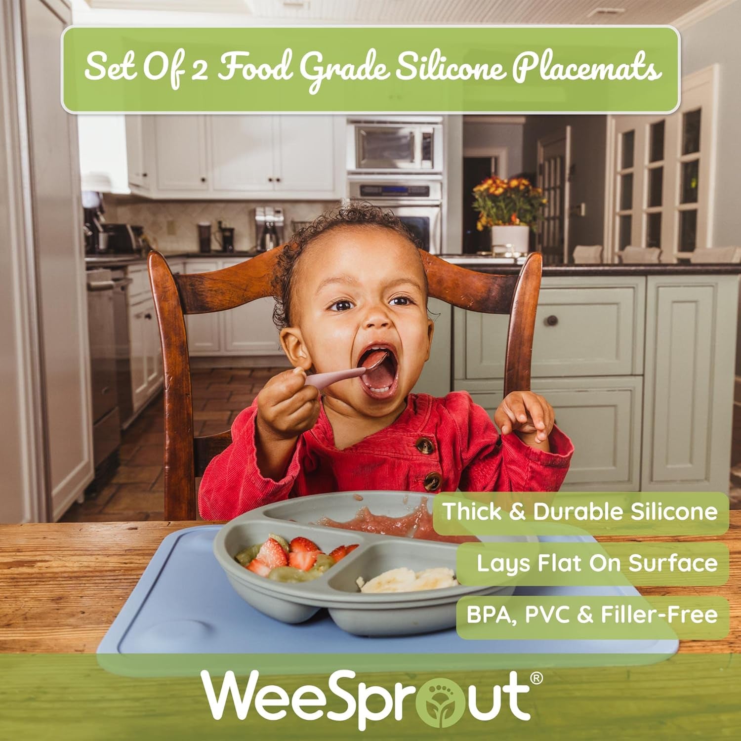 Weesprout Silicone Suction Placemats for Babies, Toddlers & Kids, Durable Food Grade Silicone with Non-Slip Suction, Dishwasher Safe, for Dining Table & Restaurants + Travel Case, 2 Pack