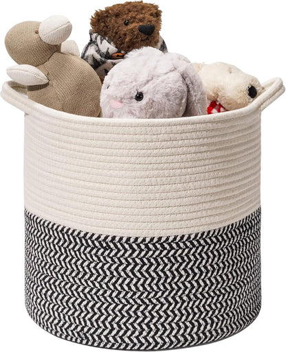 ROBUD Woven Baskets for Storage Baby Laundry Hamper with Handles, Cotton Rope Baskets for Storage & Organizing, Ideal for Clothing, Blankets, Baby Toys (White/Black)