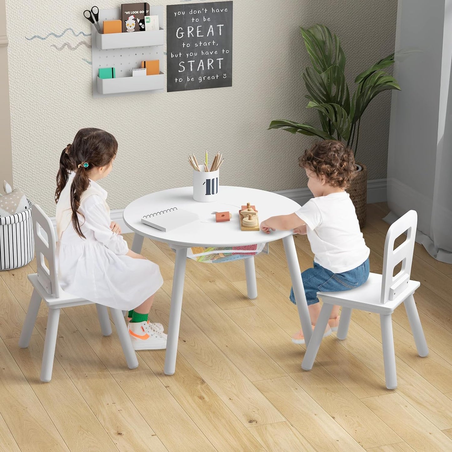 Costzon Kids Table and Chair Set, White Wooden Activity Table with Storage and 2 Chairs for Arts Crafts Snack Time