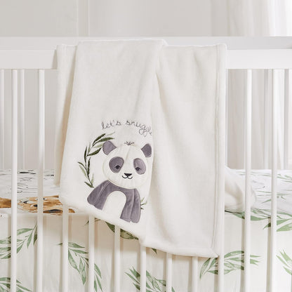 Levtex Baby - Mozambique Plush Blanket - Appliqued and Embroidered Panda on Cream Plush - Cream, Grey and Green - Nursery Accessories - Blanket Size: 30 X 40 In.