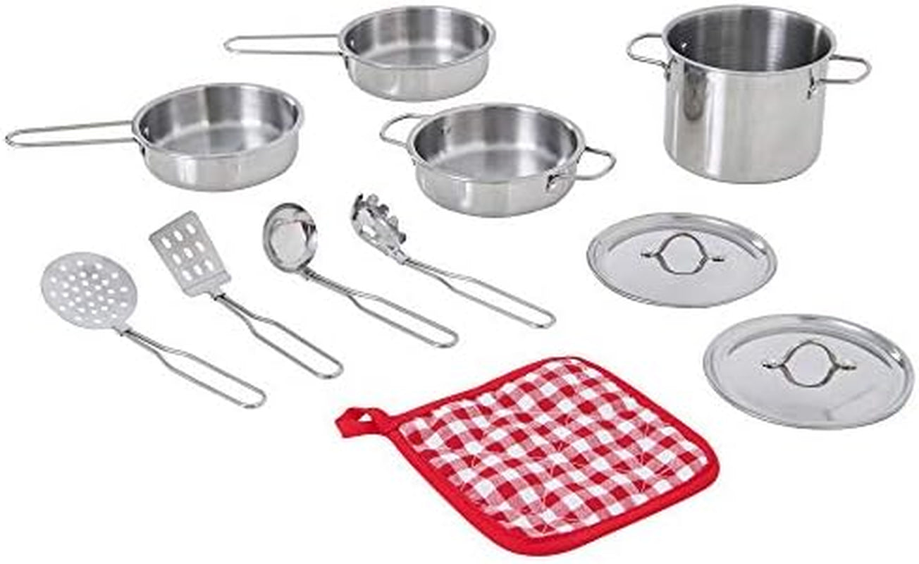 Teamson Kids - Little Chef Frankfurt Kitchen Pretend Play Stainless Steel Cooking Utensils Accessories Set Toys with Cookware Pots and Pans for Kids Boys Toddler and Girls - 11 Pcs