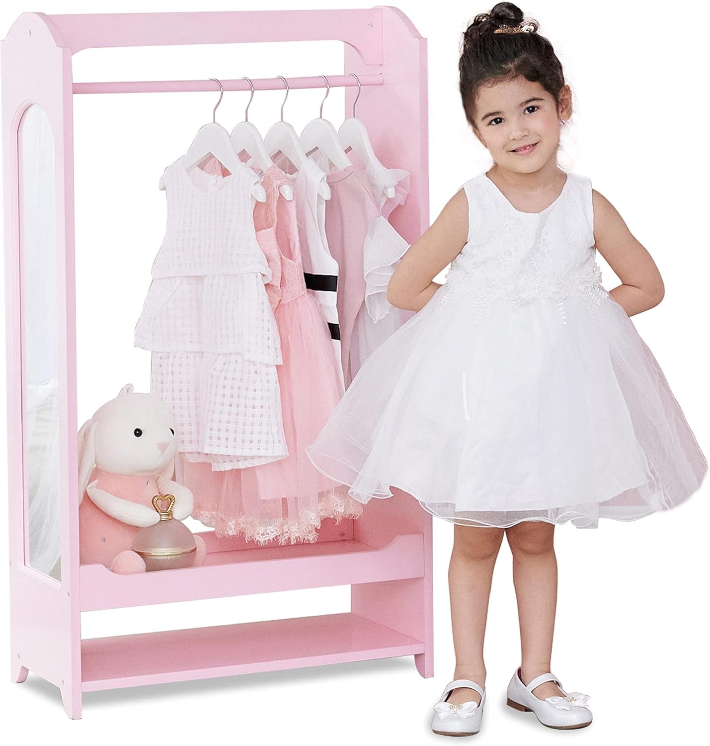 Teamson Kids, Pink Freestanding Fashion Twinkle Star Print Wooden Clothing Rack with Shelves, Mirror, Hooks and Storage Bins for Kids