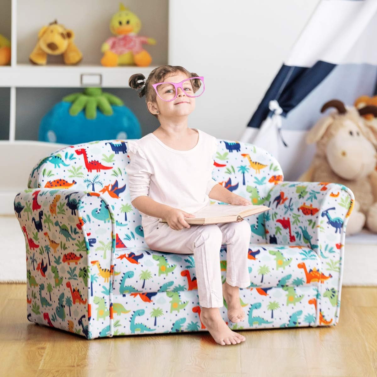 Costzon Kids Couch, Double Seat Children'S Sofa W/Dinosaur Pattern, Comfortable Back, Toddler Armrest Chair for Bedroom, Living Room, Large Soft Kids Couch Sofa Toy for Baby Boys Girls Gifts