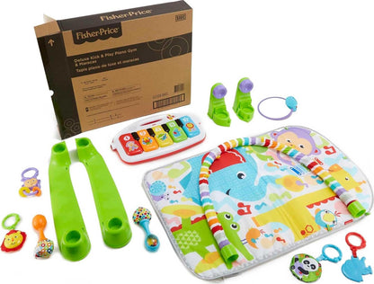 Fisher-Price Baby Playmat Deluxe Kick & Play Piano Gym, Green Musical Learning Toy with 2 Rattle Maracas for Developmental Play Newborns 0+ Months