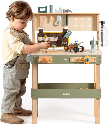 ROBUD Toddler Pretend Play Kids Workbench - Wooden Construction Toy with Tool Belt, Goggles, and Accessories for Creative Assembly - Suitable for Children Age 3+