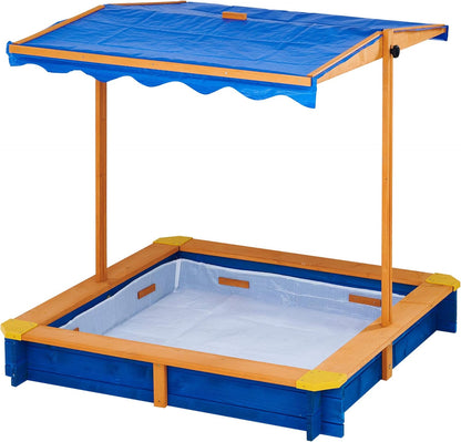 Teamson Kids Outdoor 46 In. X 46 In. Spruce Sand Box with Adjustable Canopy and 300 Lb. Sand Capacity, Blue and Wood