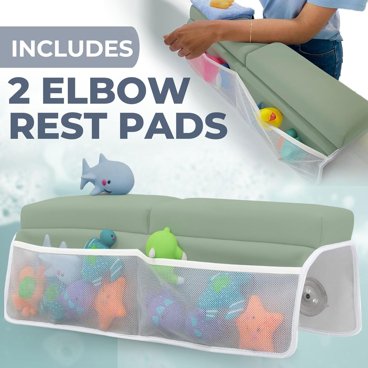 Baby Bath Kneeler and Elbow Rest Pad Set - Baby Bath Support for Knees and Elbows - Bath Kneeler Pad with Memory Foam and Bath Toys Organizer - Ideal Bath Kneeling Pad for Bathing Baby - Green