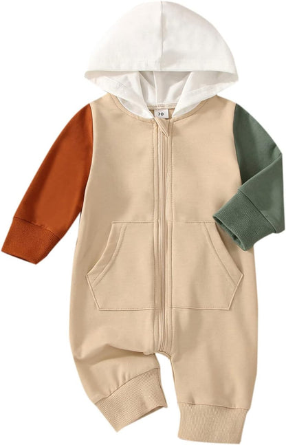 Bemeyourbbs Newborn Baby Boy Clothes Color Block Long Sleeve Hooded Romper with Pocket Fall Winter One Piece Outfits