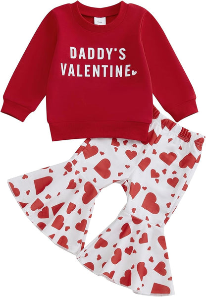 Dcohmch Daddys Valentine Baby Girl Outfit Long Sleeve Sweatshirt with Heart Flare Pants Toddler Valentines Day Outfits