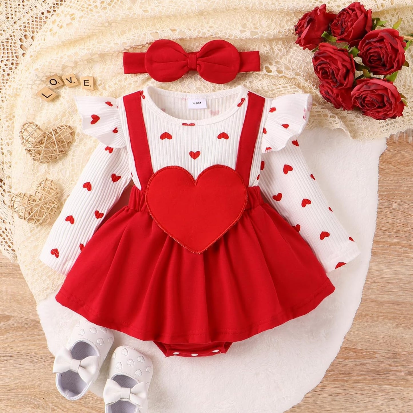 Murnouche Newborn Christmas Outfit Baby Girl Romper Ruffle Long Sleeve Ribbed Christmas Dress with Headband