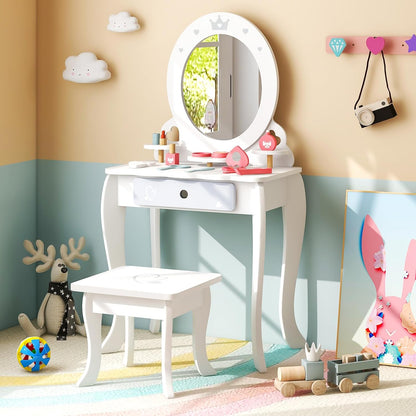 Costzon Kids Vanity Set with Mirror, Princess Makeup Dressing Table & Stool Set, Toddler Vanity W/Accessories, Drawer, Storage Shelves, Pretend Play Vanity Table and Chair Set for Little Girls, White